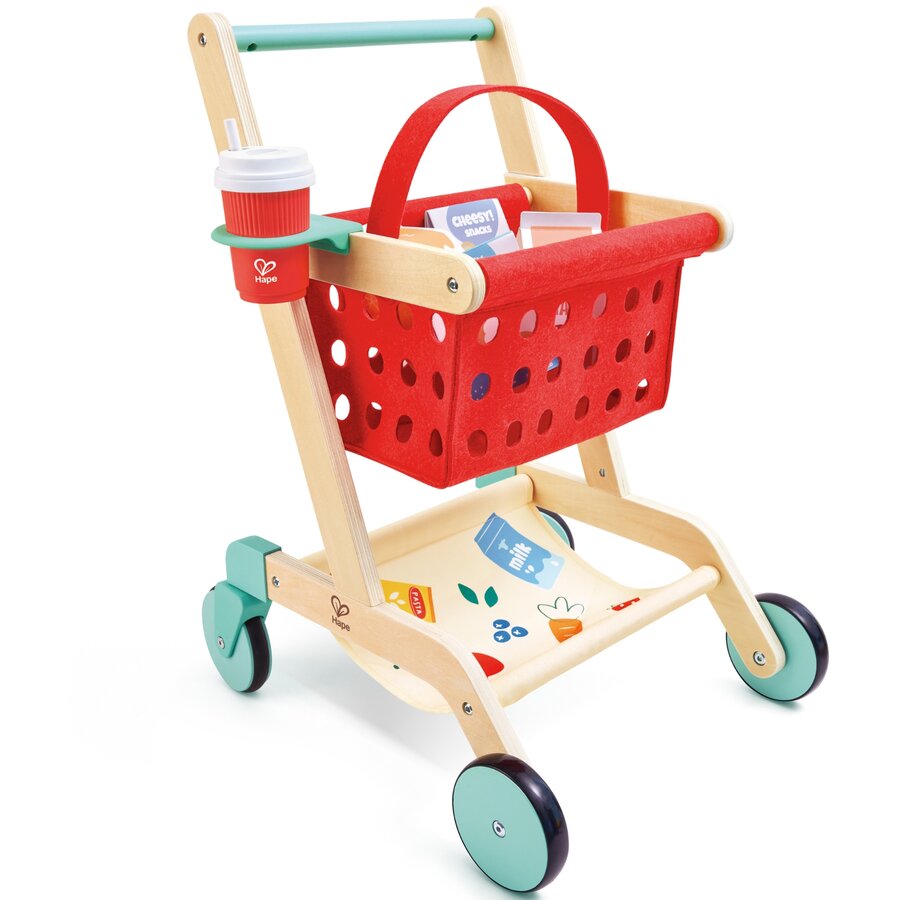 Jucarie Din Lemn Carucior Rosu De Cumparaturi (10 piese) Copii Varsta 3 ani+6 ani+8 ani+ Multicolor