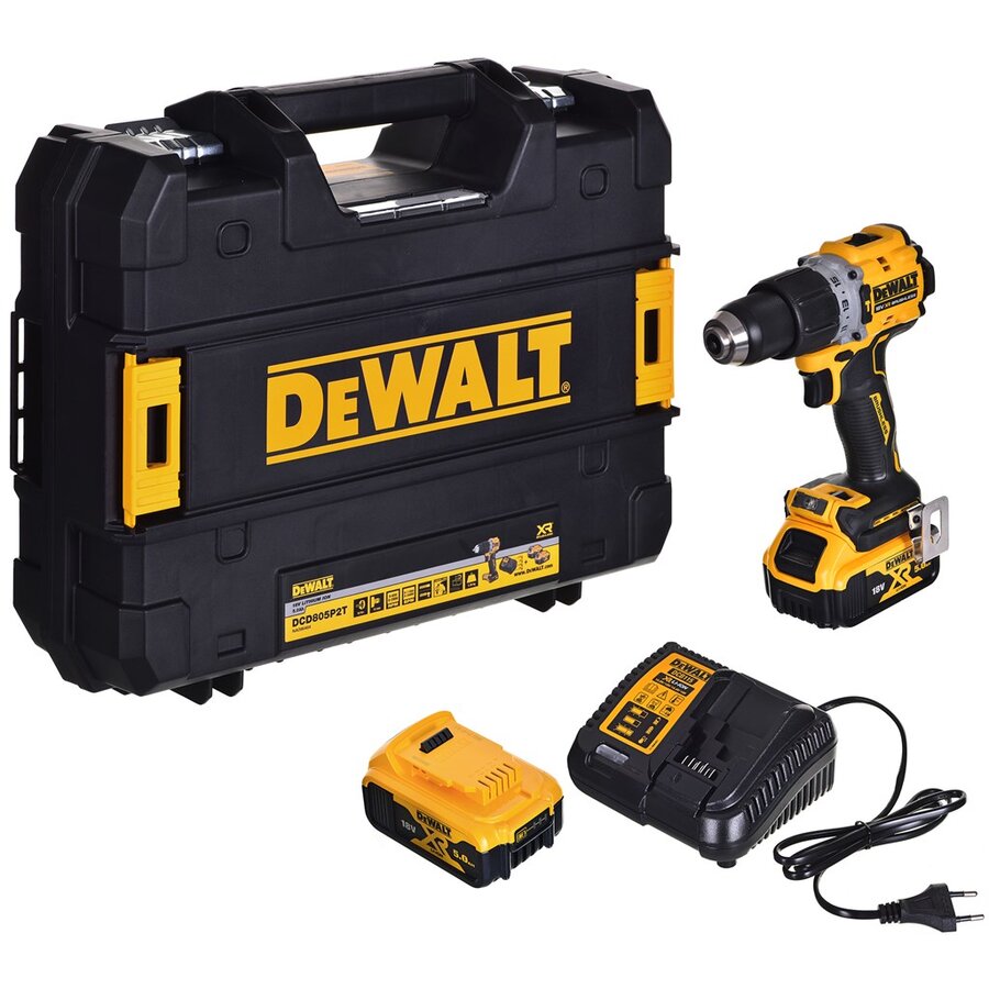 Masina de Gaurit cu Percutie DCD805P2T 2 Acumulatori 5.0Ah 18V si Incarcator in Cutie Transport Negru/Galben