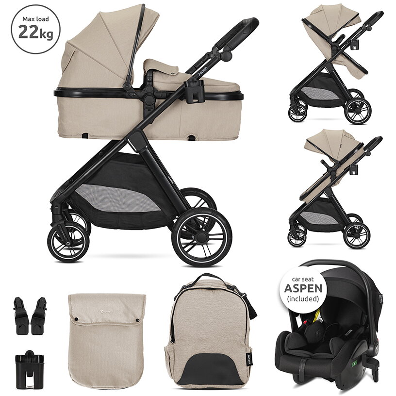 Carucior Set 3 in 1 Aspen Transformabil Sezut Reversibil Scoica Auto Inclusa 0 Luni+ pana la 22Kg Cappuccino