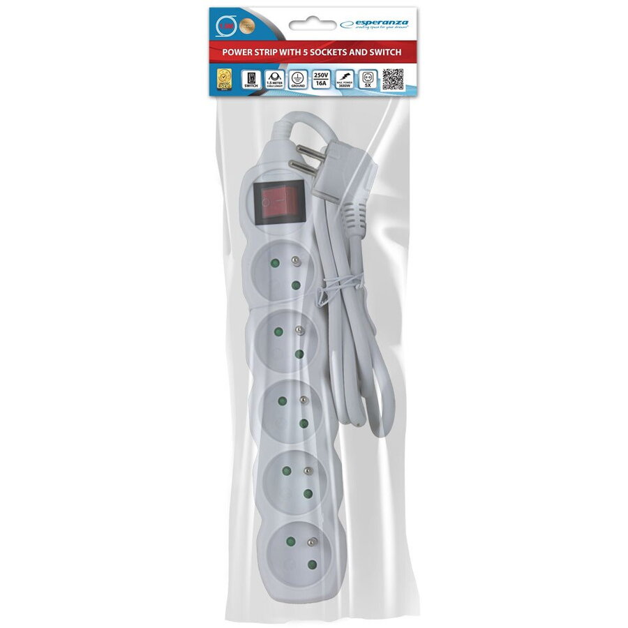 Prelungitor Esperanza ELK214W Switch ON/OFF 5 Prize 1.5m Alb — imaginea 3