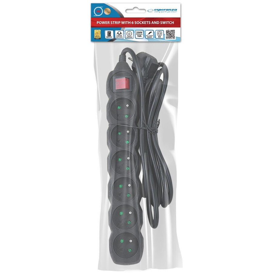 Prelungitor Esperanza ELK218K Switch ON/OFF 6 Prize 3m Negru — imaginea 3