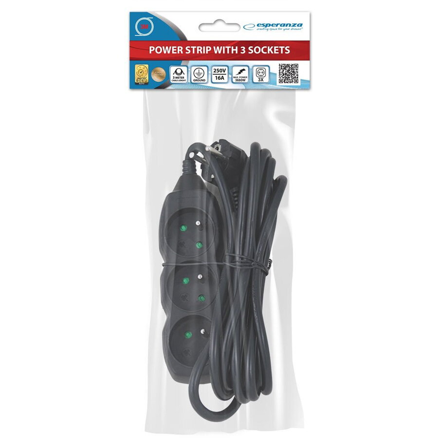Prelungitor Esperanza ELK204K 3 Prize 3m Negru — imaginea 3