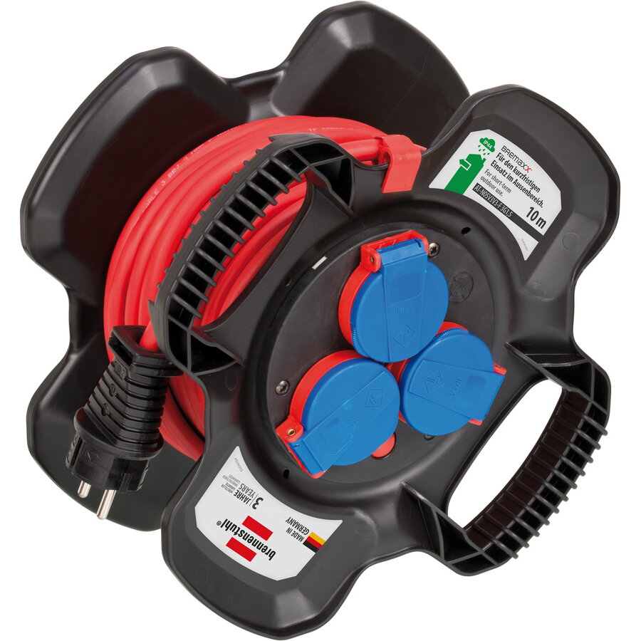 Prelungitor de Exterior cu Tambur X-Gum 3 Prize cu Capace de Protectie Cablu 10M IP44 Negru/Rosu