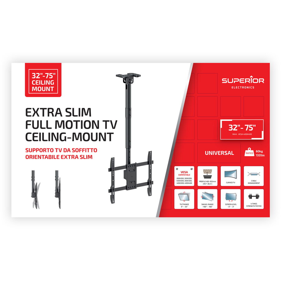 Suport de Tavan SUPSTV023 TV/Monitor Plat Diagonala Compatibila 32-75inch VESA Max 60kg Negru