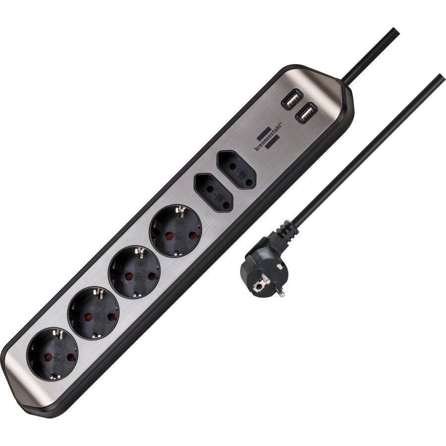 Prelungitor Estilo Multi Socket 4x Schuko 2x EURO 2x USB Cablu 2M Argintiu/Negru