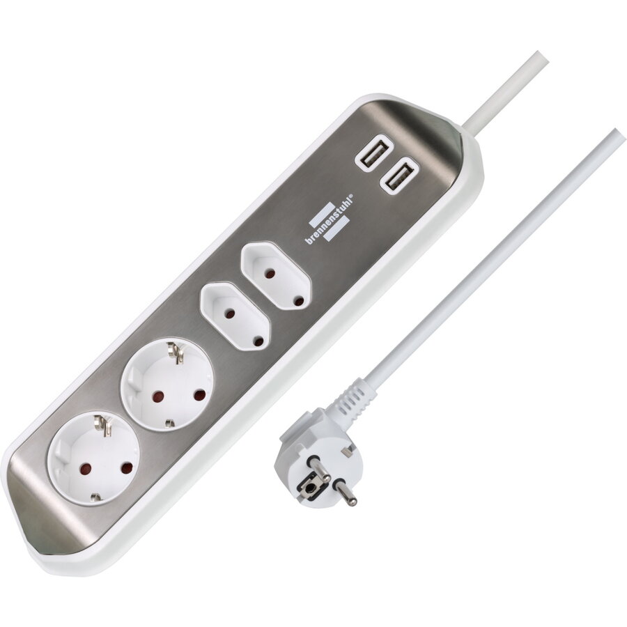Prelungitor Estilo Multi Socket 2x Schuko 2 Prize EURO 2x USB Cablu 2M Alb/Argintiu