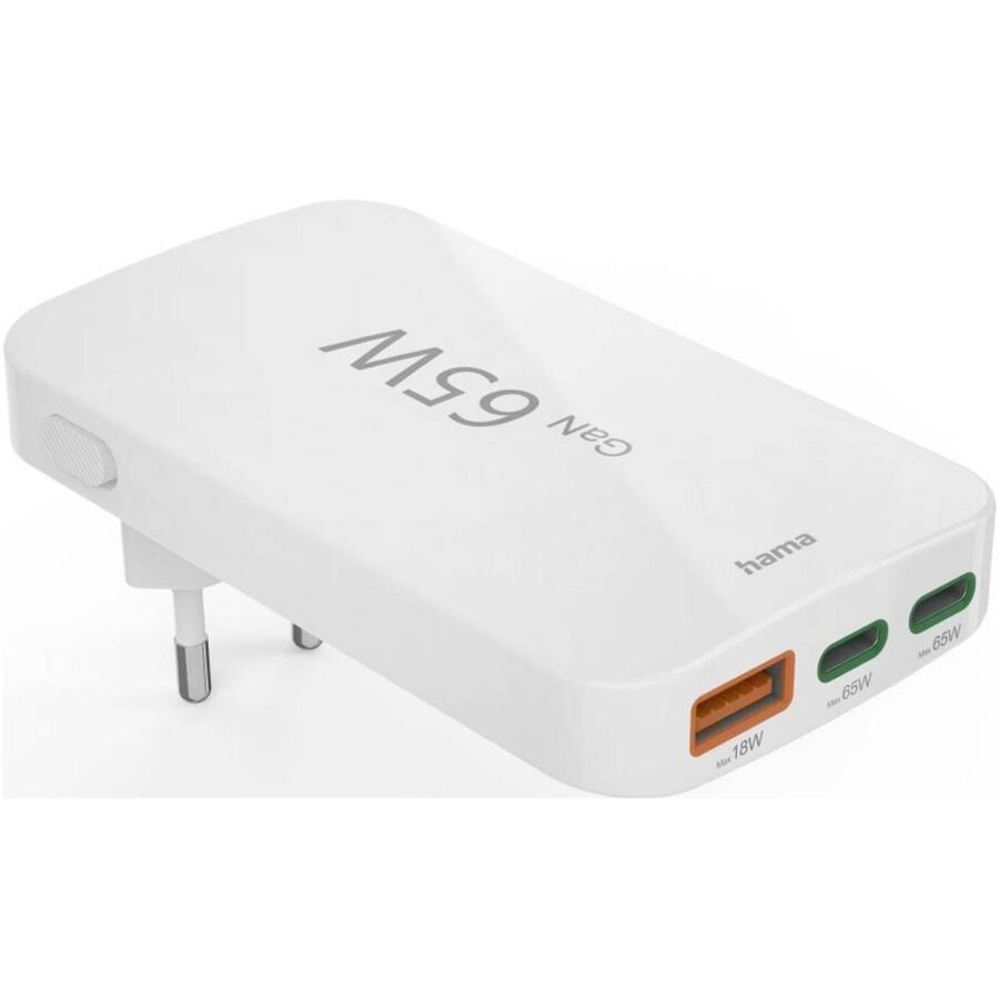 Incarcator Retea Flat Mini Charger GaN 65W 2x USB-C 1x USB-A PD / QC Alb