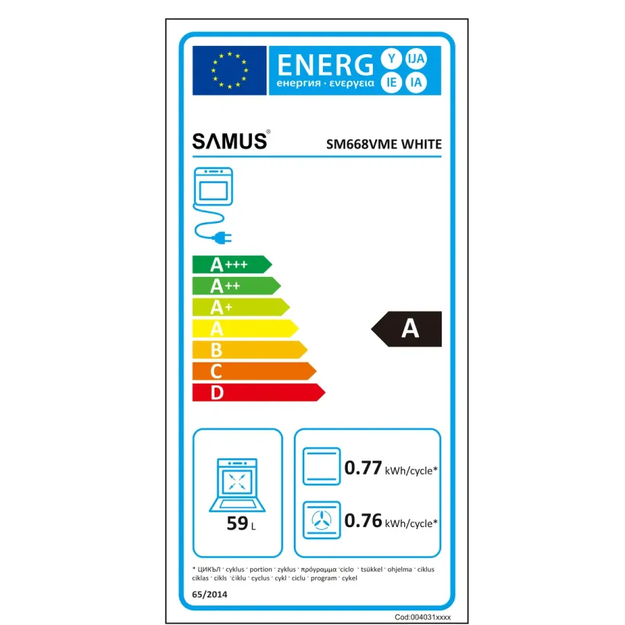 Aragaz Full Electric Samus SM668VME Plita Vitroceramică cu 4 Zone de Gătit Cuptor 59L cu 7 Funcții Grill Ventilator Lumina Interioară Clasa A Inox/Argintiu — imaginea 4