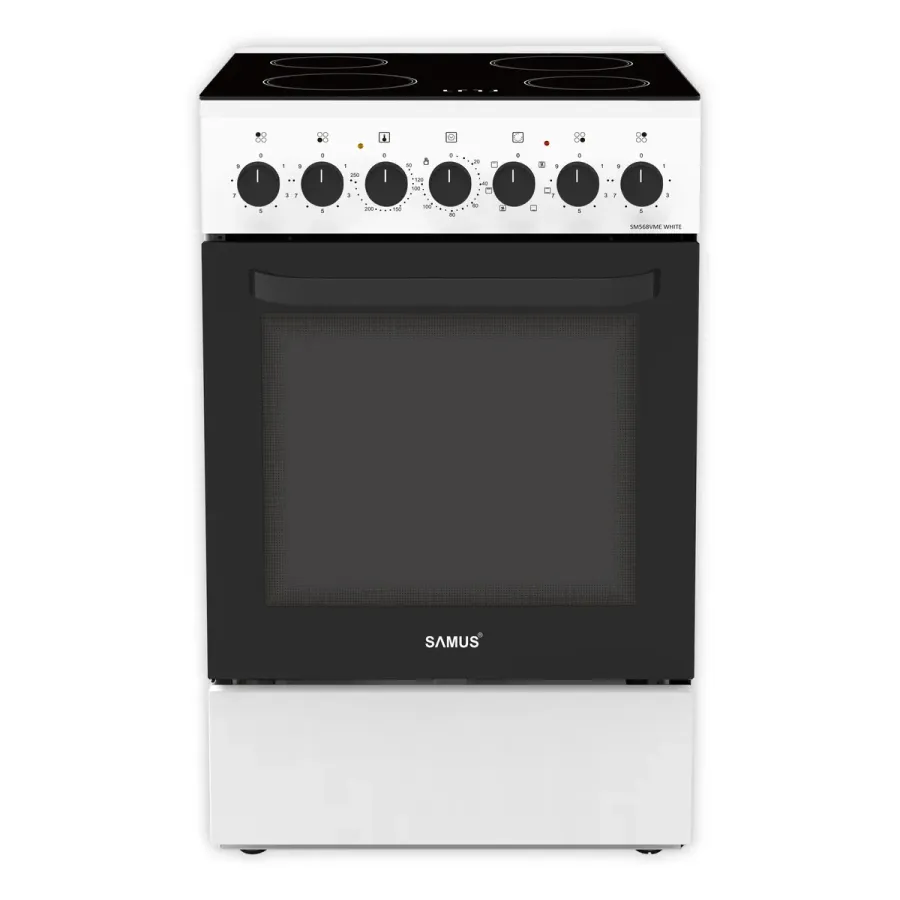 Aragaz Full Electric Samus SM668VME Plita Vitroceramică cu 4 Zone de Gătit Cuptor 59L cu 7 Funcții Grill Ventilator Lumina Interioară Clasa A Inox/Argintiu — imaginea 2