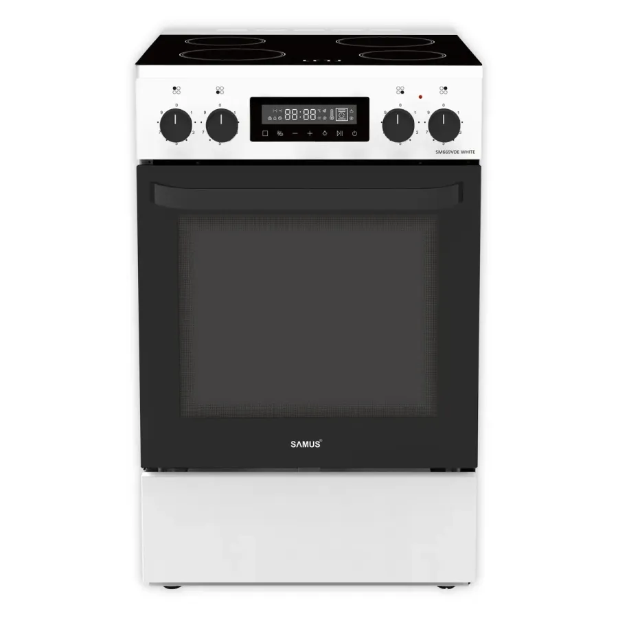 Aragaz Full Electric Samus SM669VDE Plita Vitroceramică cu 4 Zone de Gătit Cuptor 59L Display Digital 60CM Clasa A Alb