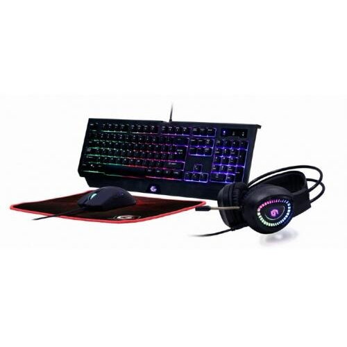 Kit tastatura si mouse 4-in-1 Gaming Cu Fir Tastatura 104 Taste + Mouse 1600DPI 6 Butoane + Casti Cu Mic 2x3.5 + Pad 300x250mm Backlight USB Negru