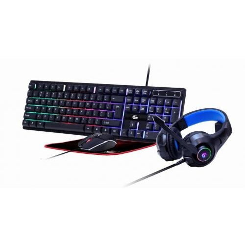 Kit tastatura si mouse 4-in-1 Gaming Cu Fir Tastatura 104 Taste + Mouse 2400DPI 6 Butoane + Casti Cu Mic 2x3.5 + Pad 300x250mm Backlight USB