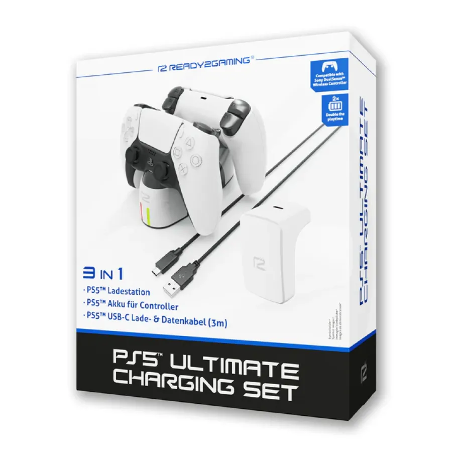 Statie de Încărcare ready2gaming Ultimate Charging Set Compatibilă cu PS5 2000mAh Alb