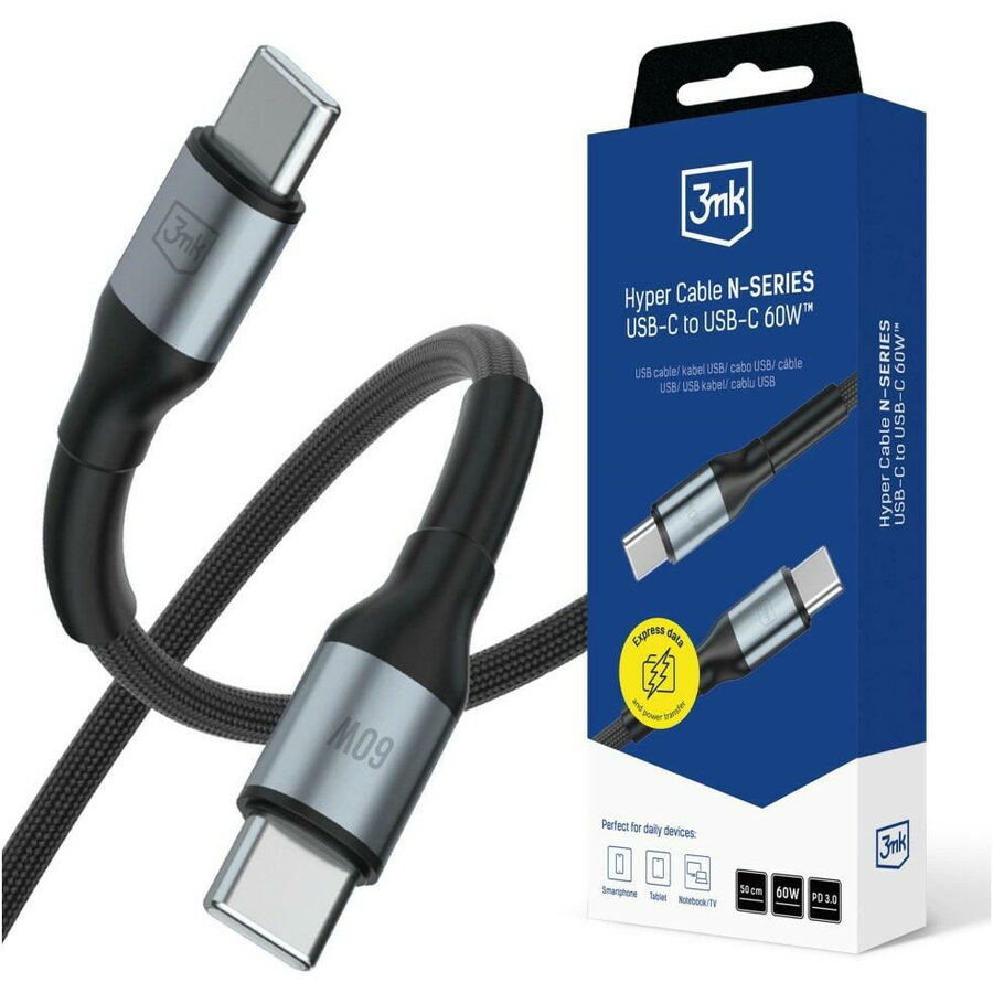 Cablu de date Hyper N-SERIES, 2x USB-C, 60W, 3A, 1m, Negru