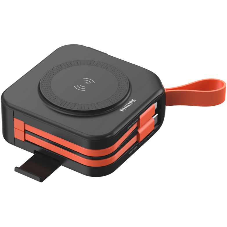 Acumulator Extern DLP4347CB/00 10000mAh Incarcare Wireless 15W / PD 20W / QC 22.5W Cabluri USB-C si Lightning Integrate  Negru/Rosu