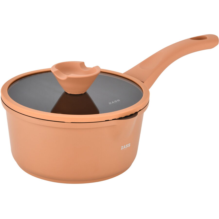 Cratiță pentru Sos Zass Gourmet ZG-ACS 13 din Aluminiu Turnat sub Presiune și Acoperire Ceramică cu Capac din Sticlă 18CM Terracotta