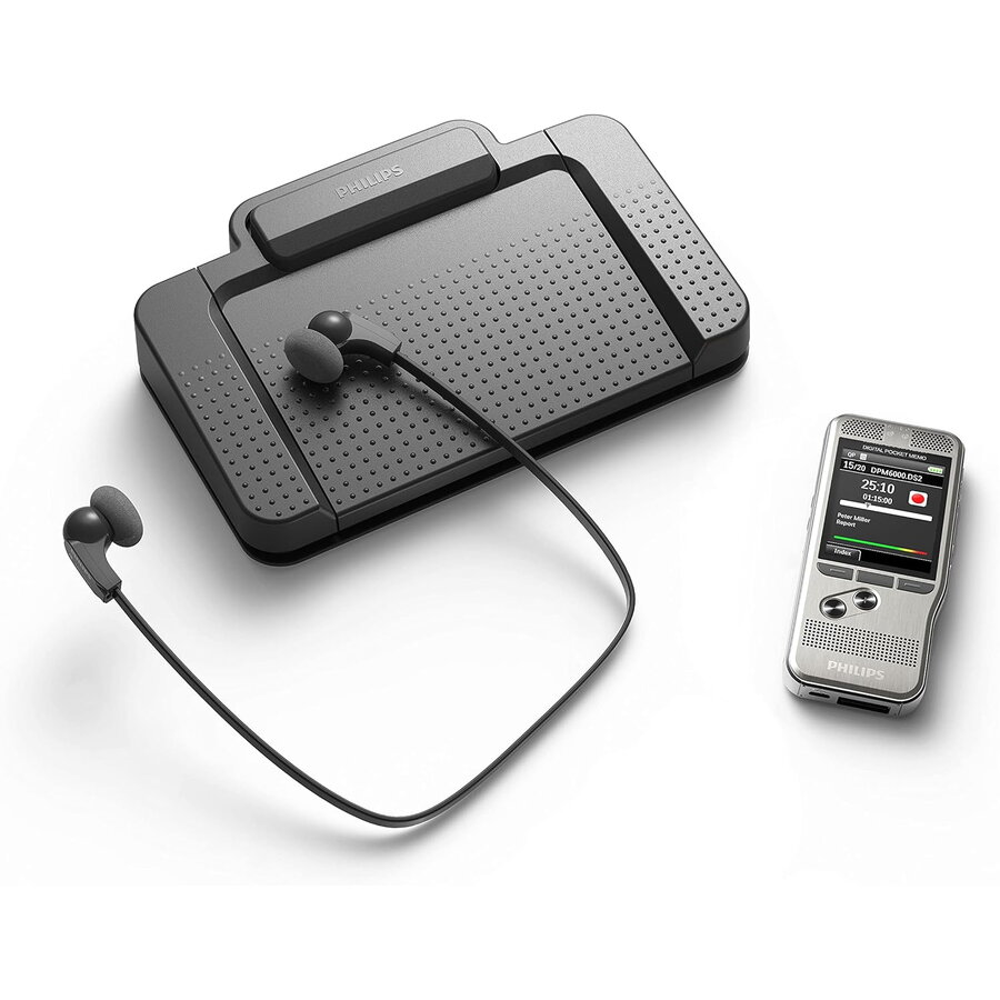 Sistem de Dictare și Transcriere Vocala Philips PocketMemo DPM 6700/03 Reportofon cu Ecran TFT Color Pedală de Picior și Căști Stereo Gri