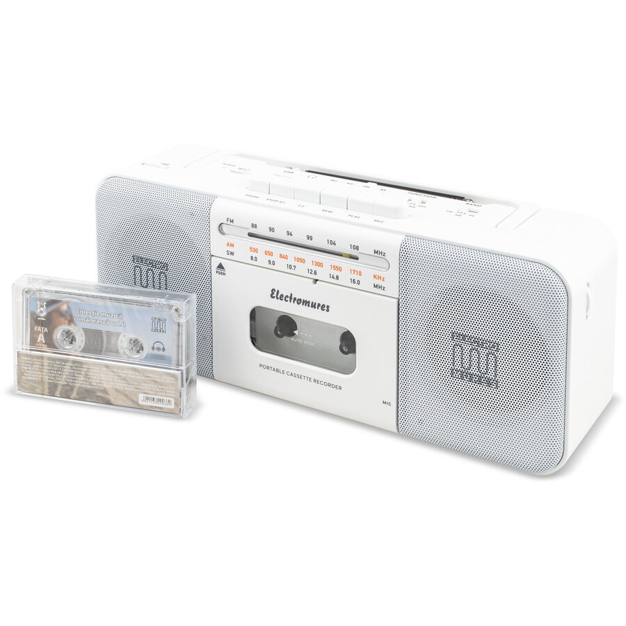 Difuzor Bluetooth ElectroMures EM 1010 cu Casetofon și Radio FM/AM/SW 5W Alb