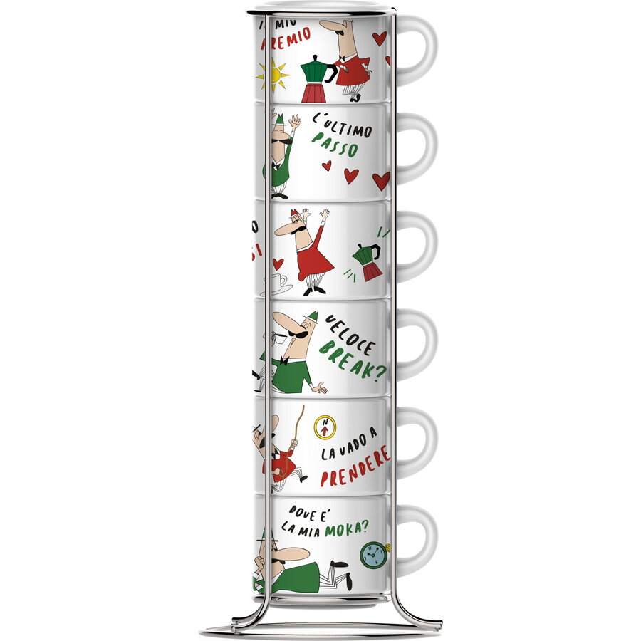 Set 6 Cesti Espresso TAZZ202 Capacitate 50ML cu Suport de Metal Multicolor