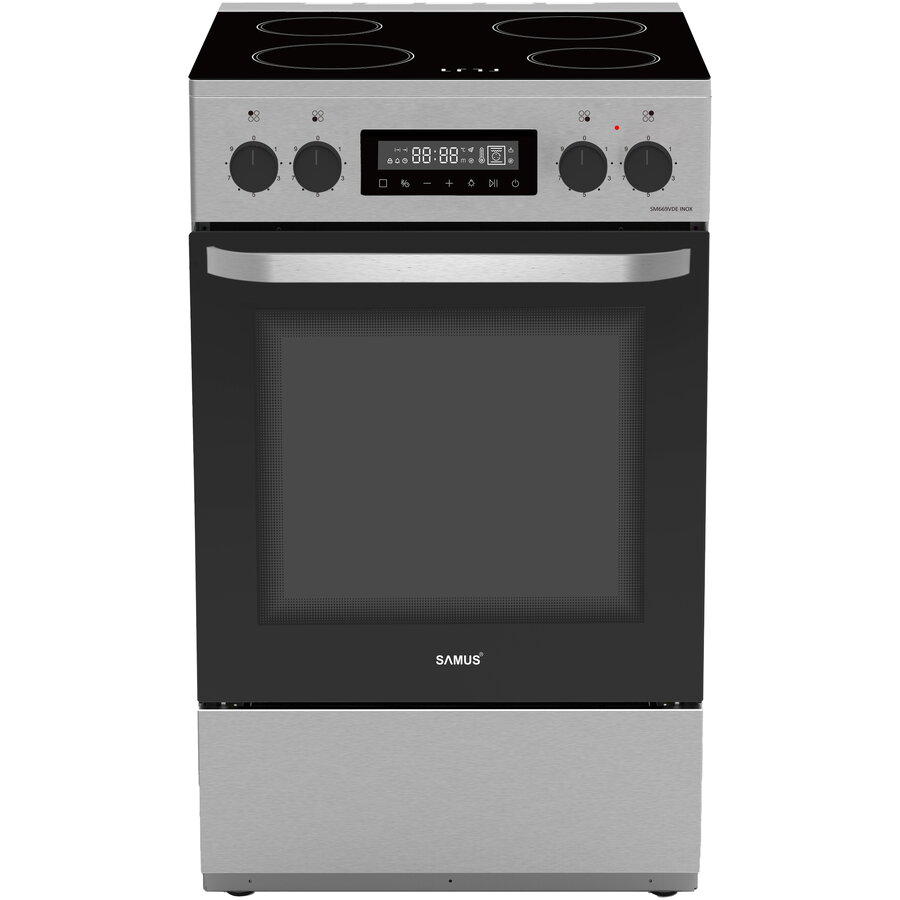 Aragaz Full Electric SM669VDE Plita Vitroceramica cu 4 Zone de Gatit Cuptor 59L Display Digital Iluminare Interioara 60CM Clasa A Inox/Argintiu