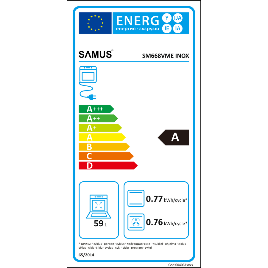 Aragaz Full Electric Samus SM668VME Plita Vitroceramică cu 4 Zone de Gătit Cuptor 59L cu 7 Funcții Grill Ventilator Lumina Interioară Clasa A Inox/Argintiu — imaginea 3