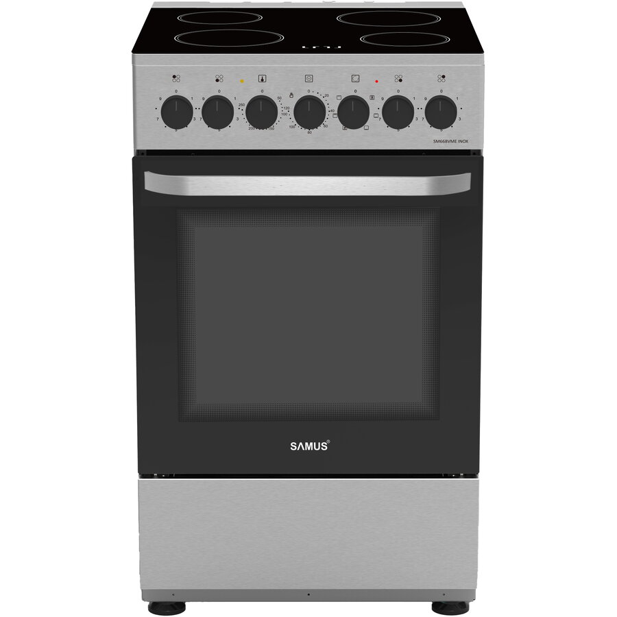 Aragaz Full Electric SM668VME Plita Vitroceramica cu 4 Zone de Gatit Cuptor 59L cu 7 Functii Grill Ventilator Lumina Interioara Clasa A Inox/Argintiu