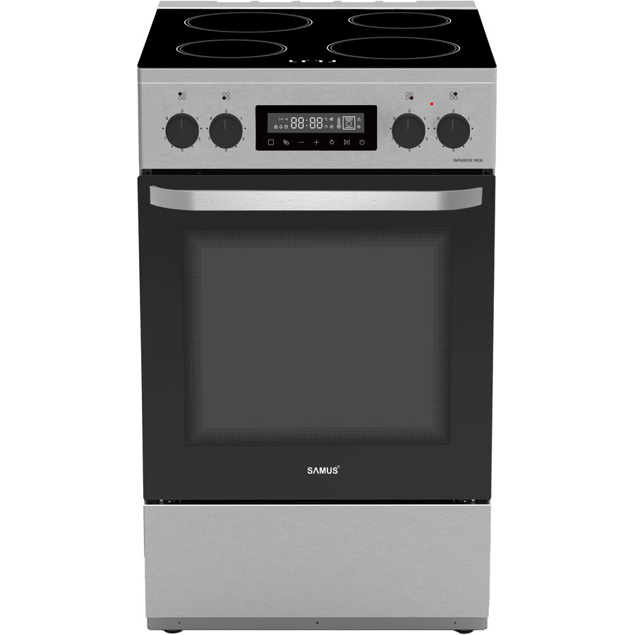 Aragaz Full Electric SM569VDE Plita Vitroceramica cu 4 Zone de Gatit Cuptor 59L Timer Digital Grill Ventilatie 50CM Clasa A Inox/Argintiu