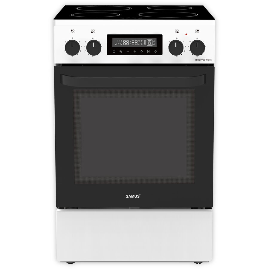 Aragaz Full Electric SM569VDE Plita Vitroceramica cu 4 Zone de Gatit Cuptor 59L Timer Digital Grill Ventilatie 50CM Clasa A Alb