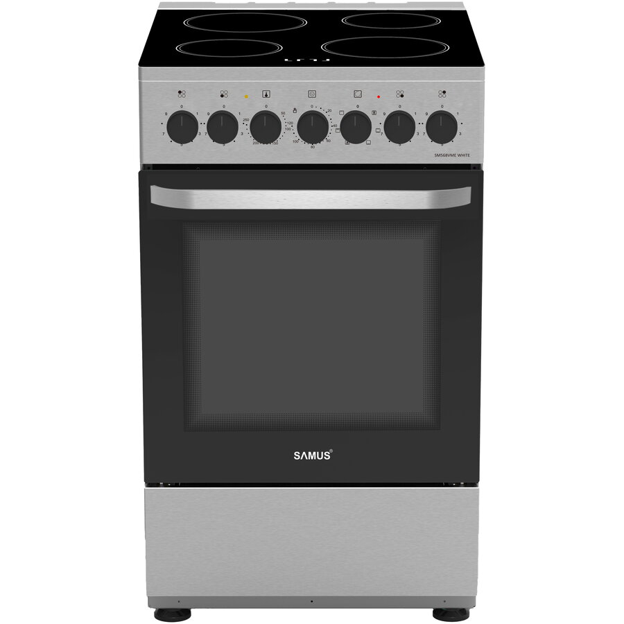 Aragaz Full Electric SM568VME Plita Vitroceramica cu 4 Zone de Gatit Cuptor 59L cu 7 Functii Grill Control Mecanic Clasa A 50CM Inox/Argintiu