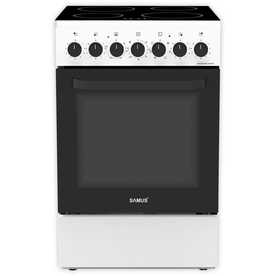 Aragaz Full Electric SM568VME Plita Vitroceramica cu 4 Zone de Gatit Cuptor 60L cu 7 Functii Grill Control Mecanic Clasa A 50CM Alb