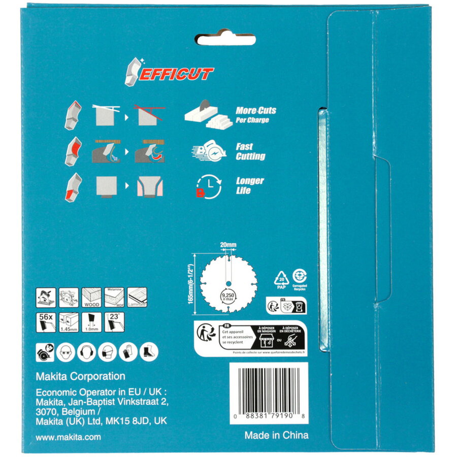 circular saw blade EFFICUT B-57336-2, O 165mm, 56 teeth, 2 pieces, 20mm bore, for cordless saws