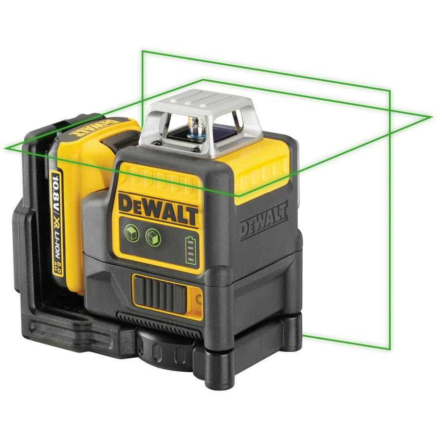 2x360° Line Laser DCE0811D1G, 10.8 Volt, Cross Line Laser Black/Yellow, Li-Ion Battery 2.0 Ah, Green Laser Lines, Case