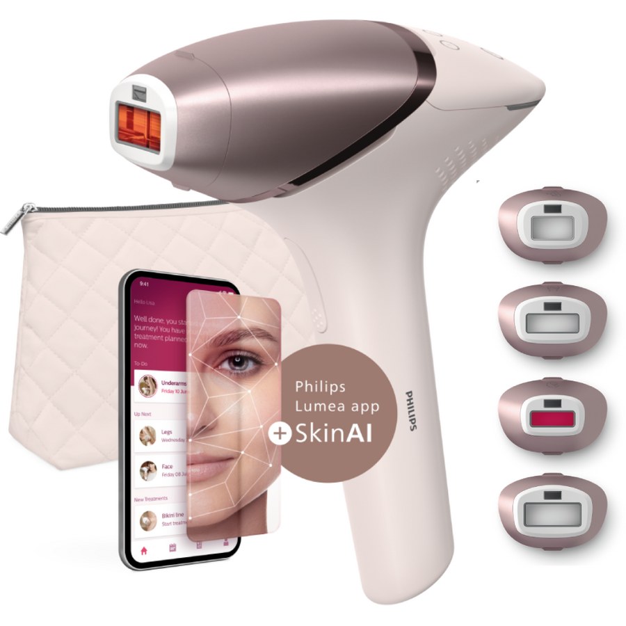 Epilator IPL Lumea Seria 9900 BRI977/00, Senzor Smartskin, tehnologie SenseIQ, conectare la aplicatie cu functii Skin AI, utilizare cu sau fara fir, 450.000 impusuri, accesoriu fata, corp, axila si inghinal, Roz - imagine 2