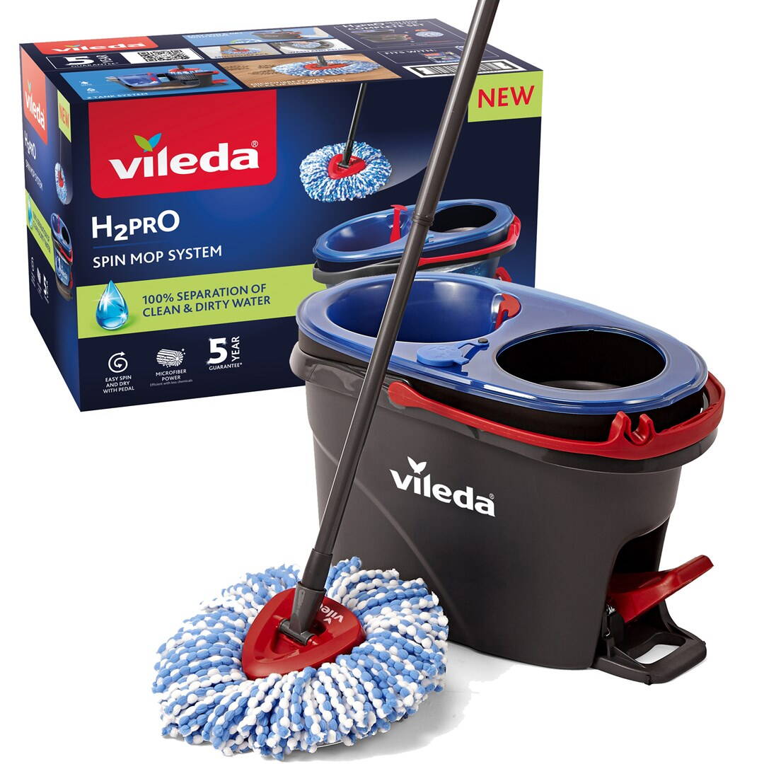 VILEDA Set Mop Rotativ H2PrO Spin cu Galeata cu Rezervor Dublu Sistem de Centrifugare Negru/Albastru/Rosu