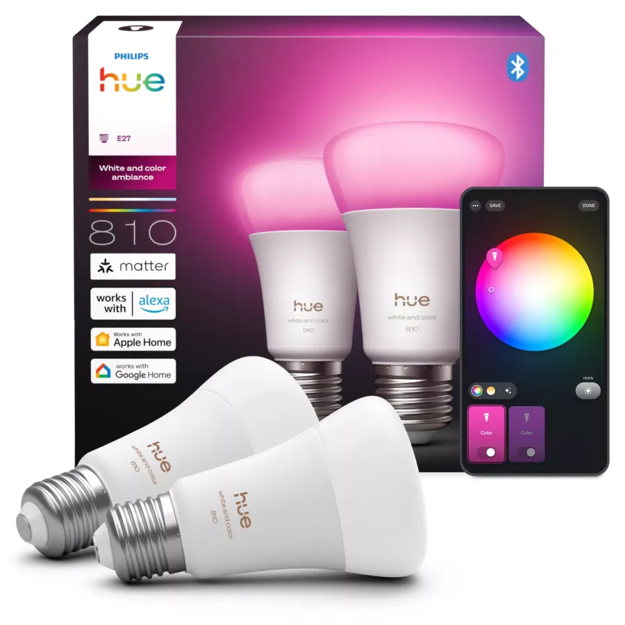 Set 2 Becuri LED Philips Hue E27 810 Lumeni 6W Lumina Albă și RGB Alb