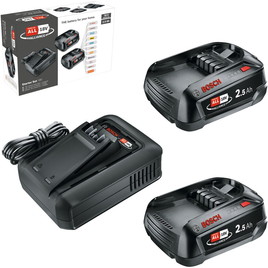Bosch DIY & Garden Cordless Starter Set 18V 2x 2.5Ah + Quick Charger AL 18V-44 black, 2x Li-ion battery 2.5Ah, POWER FOR ALL ALLIANCE