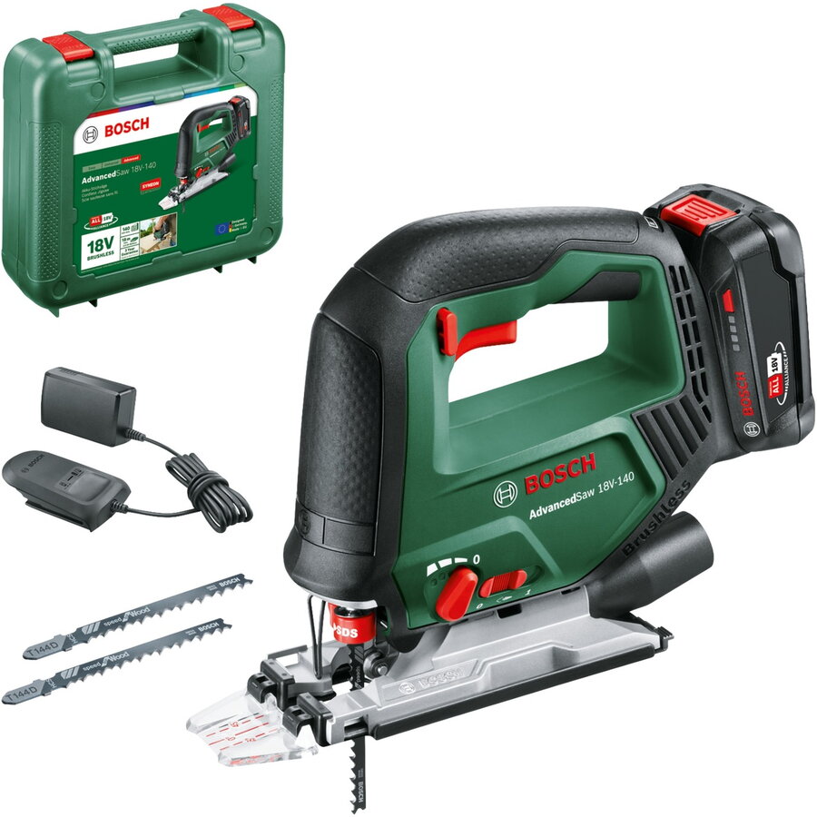 Bosch DIY & Garden Cordless Jigsaw AdvancedSaw 18V-140 green, Li-ion battery 2.0Ah, case, POWER FOR ALL ALLIANCE