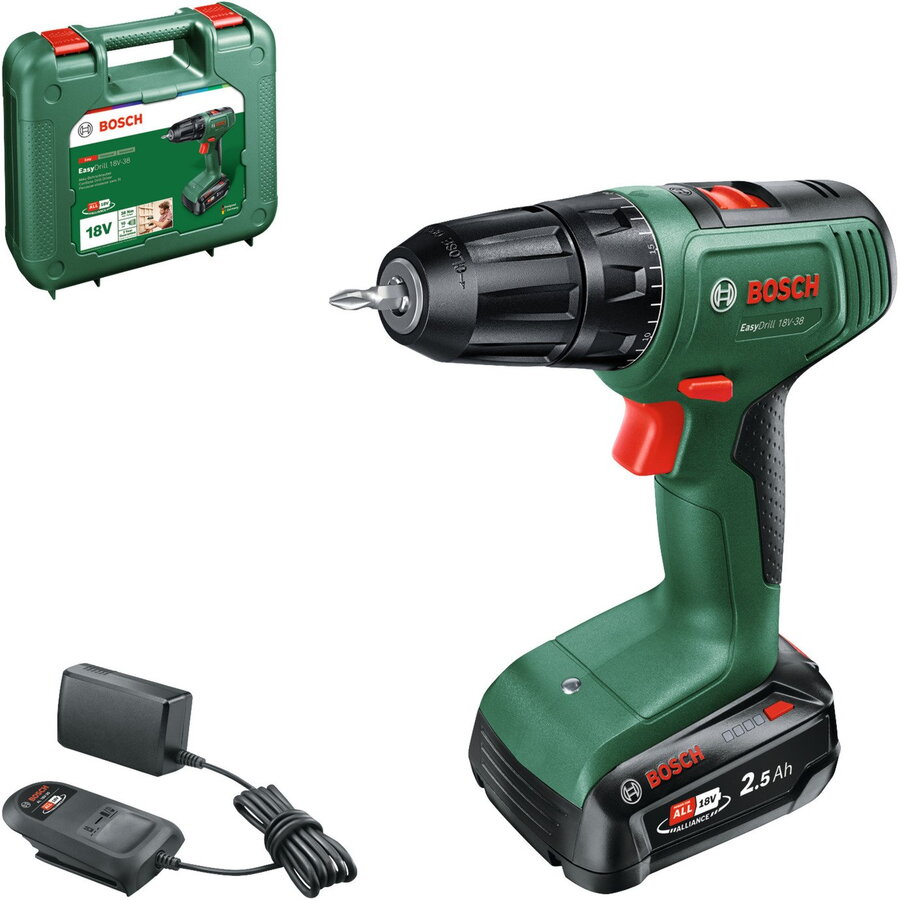 Bosch Powertools cordless drill/driver EasyDrill 18V-38 (green/black Li-ion battery 2.5Ah case POWER FOR ALL ALLIANCE)