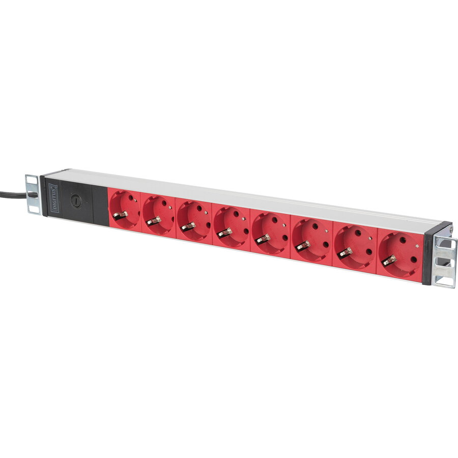 19 power strip with aluminum profile, 8-fold, 1U (red/aluminum, 2 meter cable, IEC C14 plug)