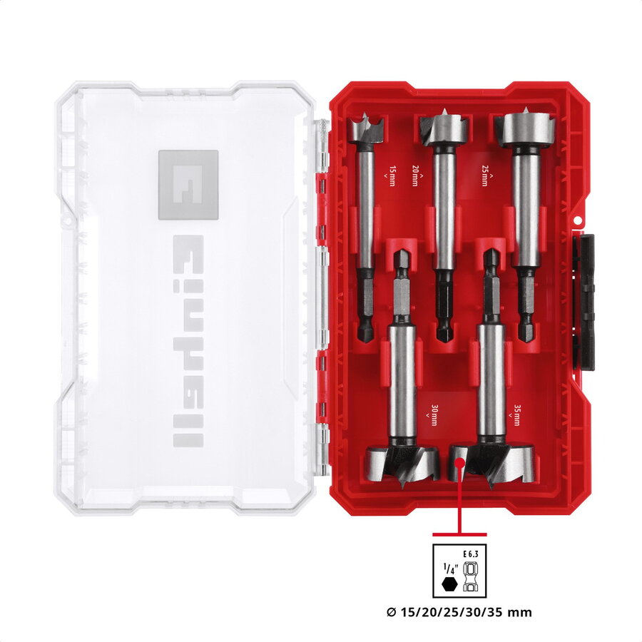 Forstner drill bit set, 5 pieces (red/transparent, 1/4, in M-CASE)