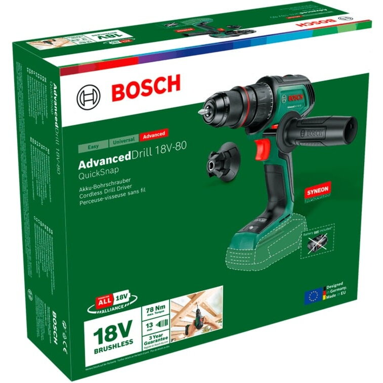 Bosch Powertools cordless drill driver AdvancedDrill 18V-80 QuickSnap Solo (green/black, without battery and charger, POWER FOR ALL ALLIANCE...