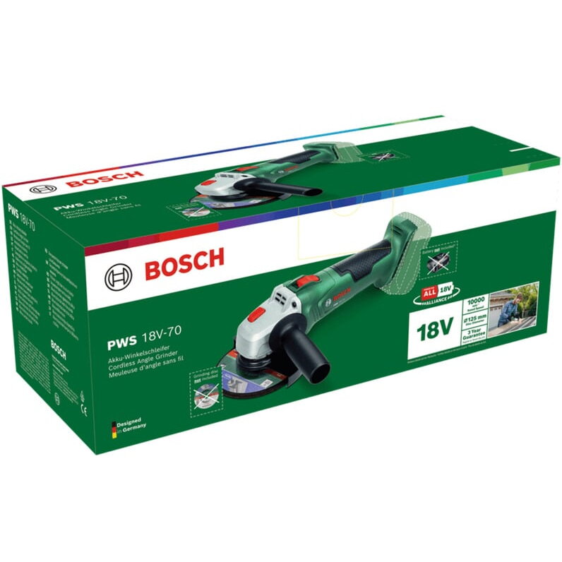 Bosch Powertools cordless angle grinder PWS 18V-70 solo, Ř 125mm (green, without battery and charger, POWER FOR ALL ALLIANCE)