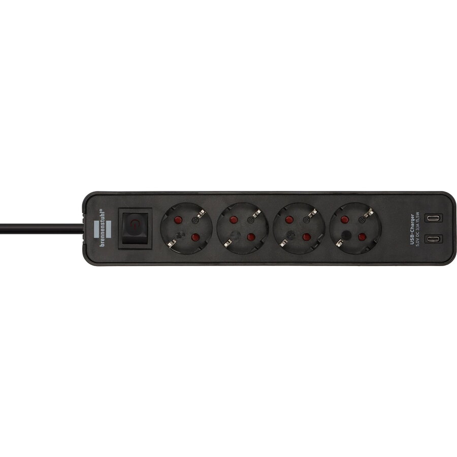 Ecolor power strip 4-way, 2x USB-C (black, 1.5 meter cable, USB-C, with safety switch)