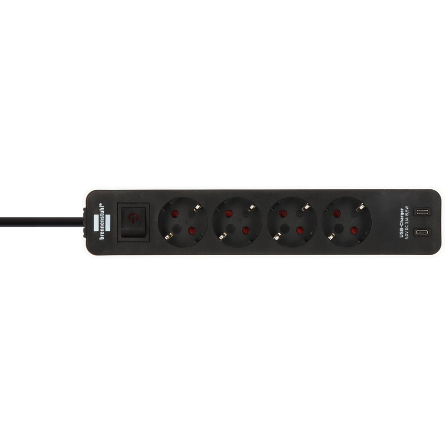 Ecolor power strip 4-way, 2x USB-C (white/black, 1.5 meter cable, USB-C, with safety switch)