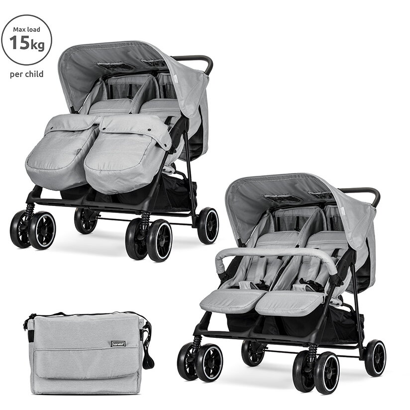 Carucior pentru Gemeni Twin Reglabil Individual pana la 15Kg per Copil Geanta pentru Mama Inclusa Grey