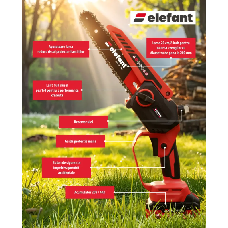 Mini Fierastrau cu Lanț și Acumulator Elefant EBS-104 20V/4Ah Brushless — imaginea 6