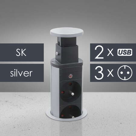 Priza Incastrabila Birou 3 Prize 2 USB 3500W Pop Up 230V Compatibil Slovacia Argintiu