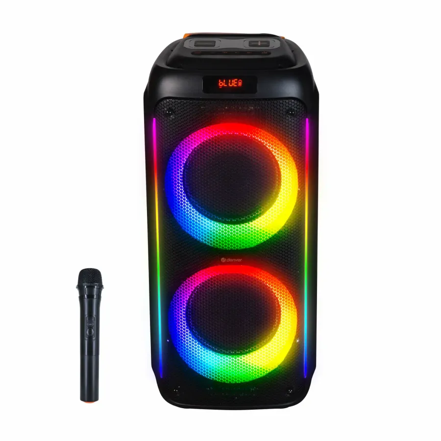 Boxa Portabilă Denver BPS-458 Bluetooth Iluminare LED Microfon și Telecomanda Putere RMS 100W Negru