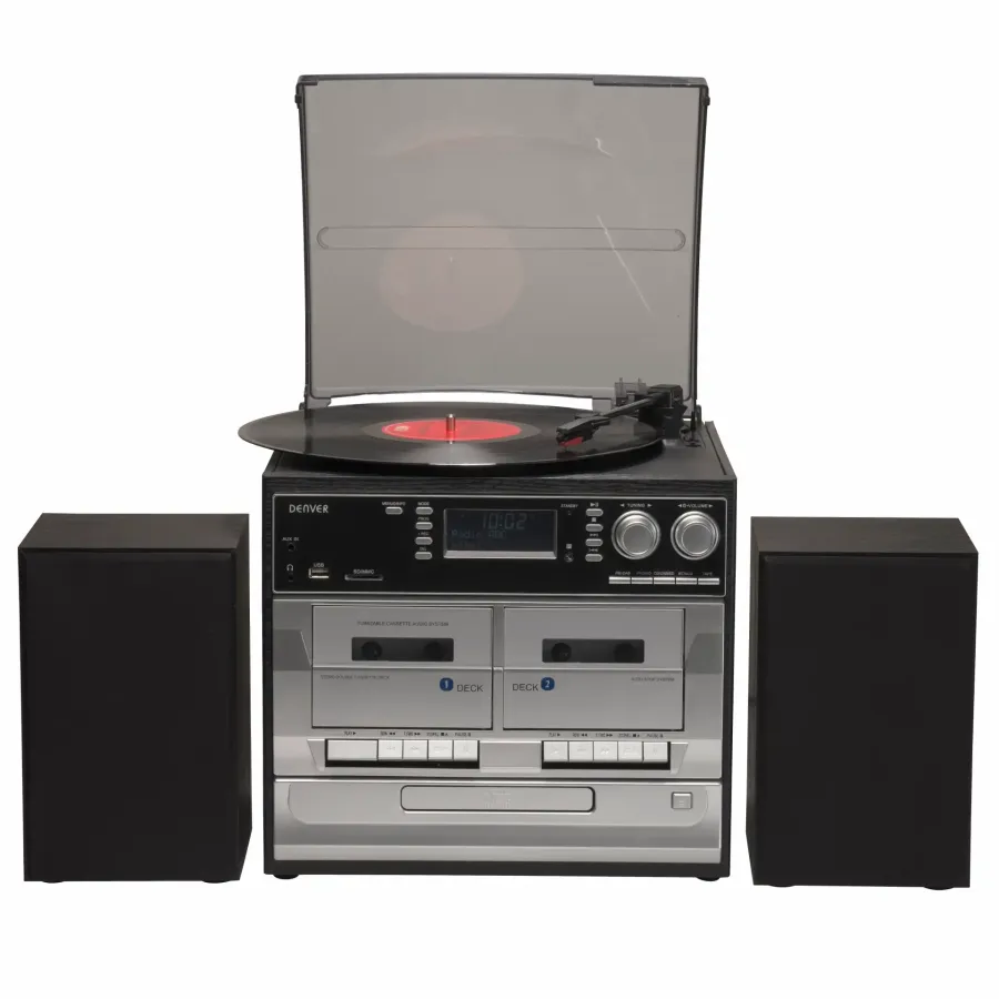 Sistem Audio Denver MRD-166 cu 2 Difuzoare Pick-Up CD Player Casetofon Dublu Radio FM/DAB+ Putere Maximă 2 x 20W Negru
