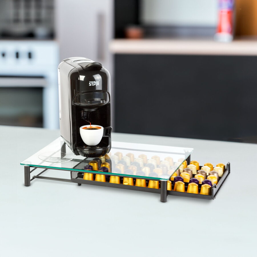 Suport Capsule Cafea Nespresso 60 Capsule Metal cu Sertar si Blat Sticla Negru Mat